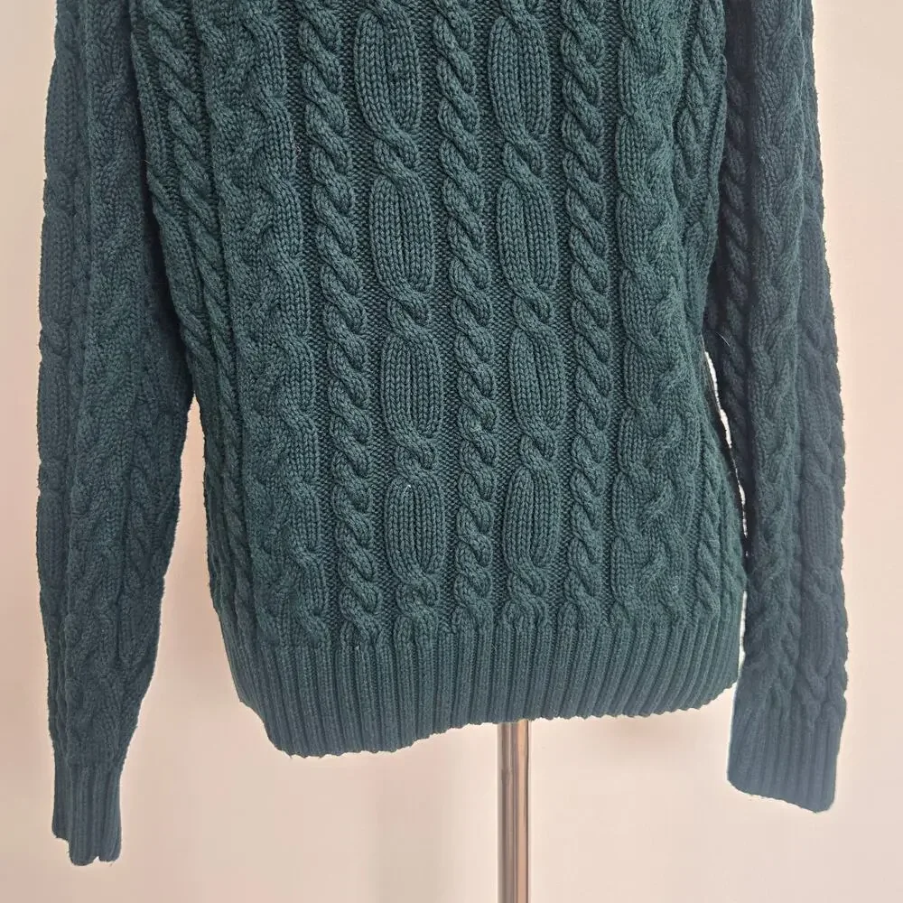 Vintage Roll Neck Cable Knit Sweater Chunky Green Heritage Women Medium